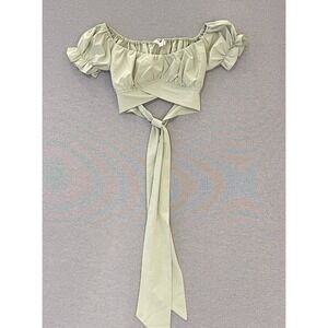 Sage Green Wrap Tie Crop Top Off Shoulder Puff Sleeve Sweet Gene Small